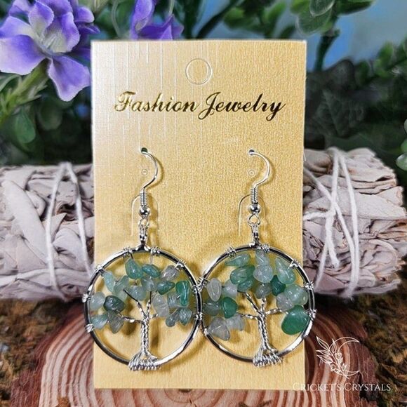 Green Aventurine Tree of Life Earrings #12 - Picture 1 of 2